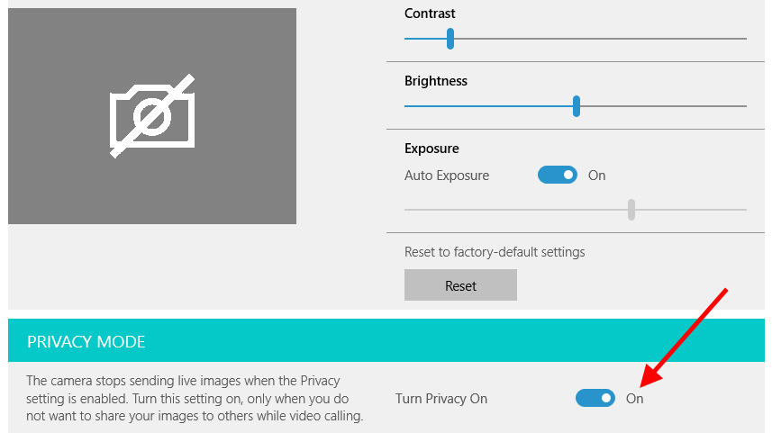 Camera icon with a line through it, and an arrow pointing at the "Privacy Mode" enabled toggle