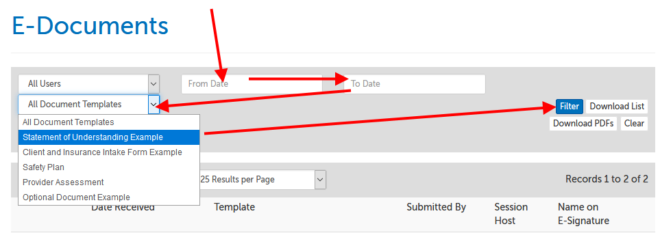 Arrow pointing to the From date, the To date, the e-document title list, and then the Filter button