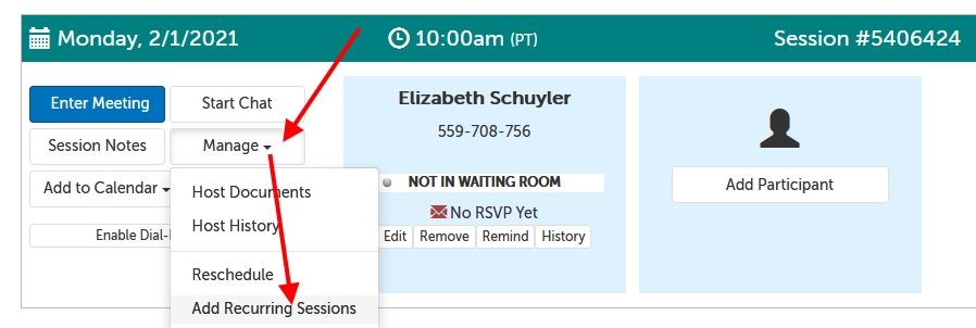 Manage -> Add Recurring Sessions